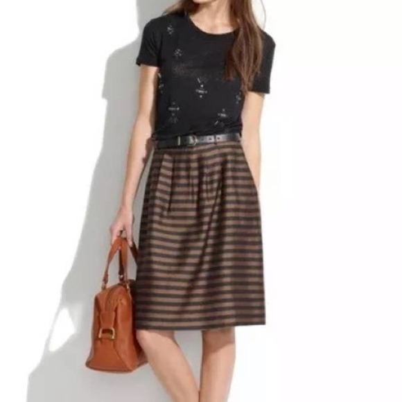Madewell Dresses & Skirts - Madewell Striped Skirt 0 A Line Pleated Knee Length Linen Silk Brown Black 08334